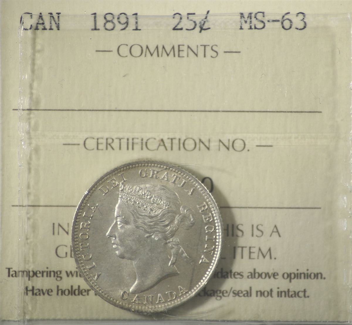 1891 Canada 25-cents ICCS Certified MS63 (XUM 160)