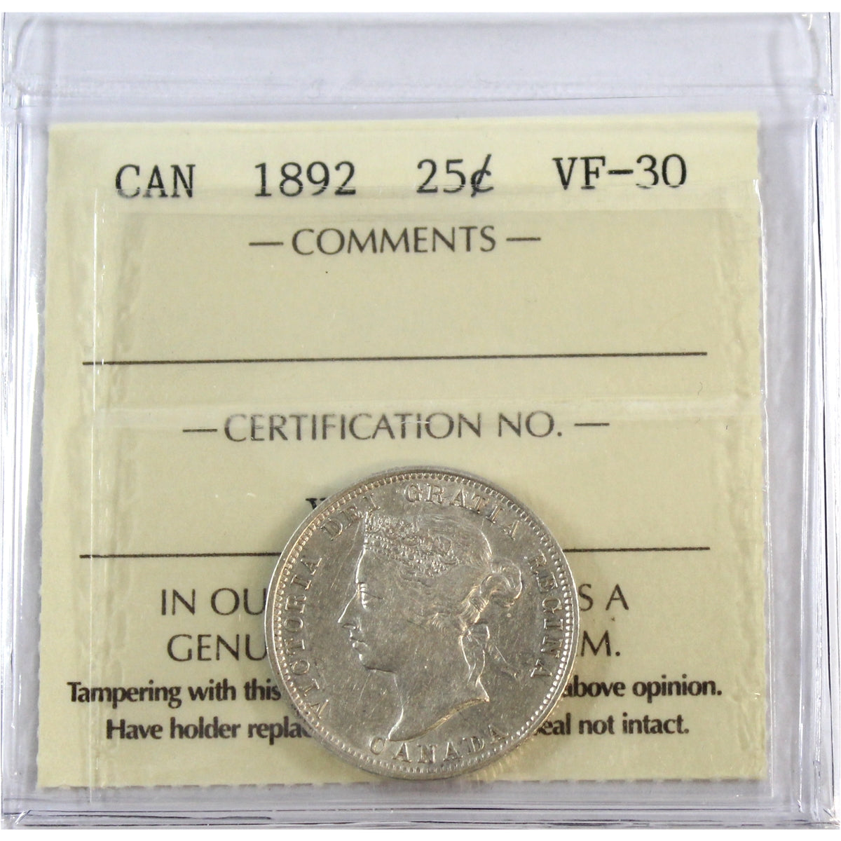 1892 Canada 25-cents ICCS Certified VF30