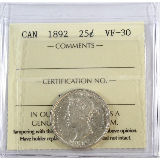 1892 Canada 25-cents ICCS Certified VF30
