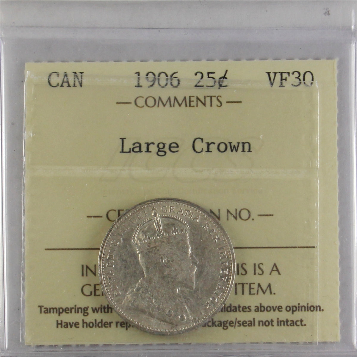1906 Large Crown Canada 25-cents ICCS Certified VF30