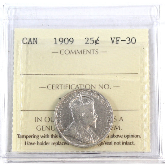 1909 Canada 25-cents ICCS Certified VF30