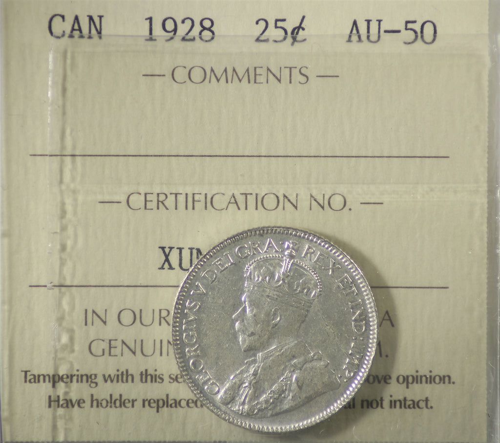1928 Canada 25-cents ICCS Certified AU50