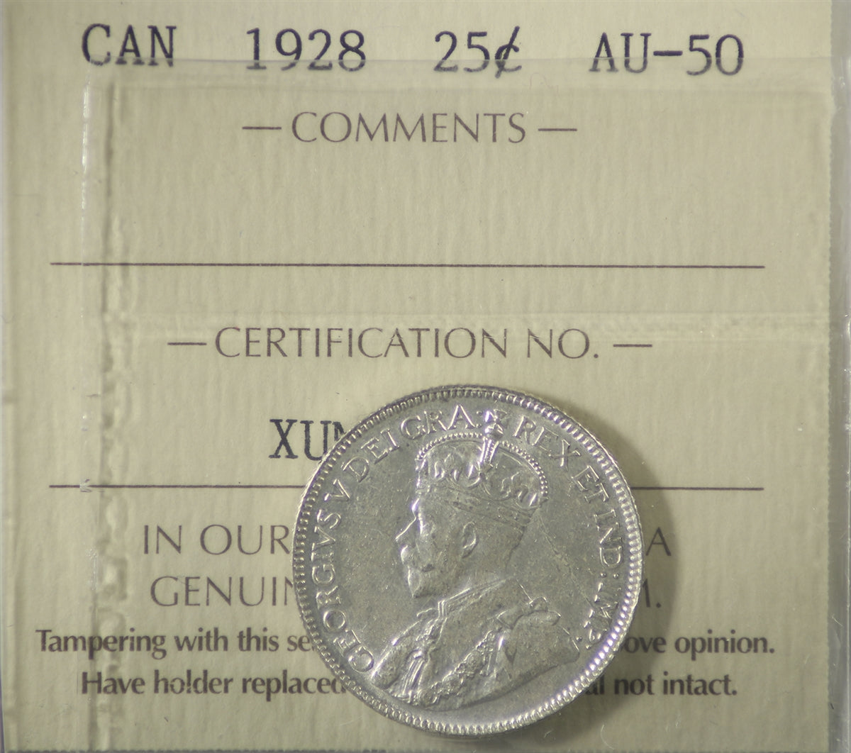 1928 Canada 25-cents ICCS Certified AU50