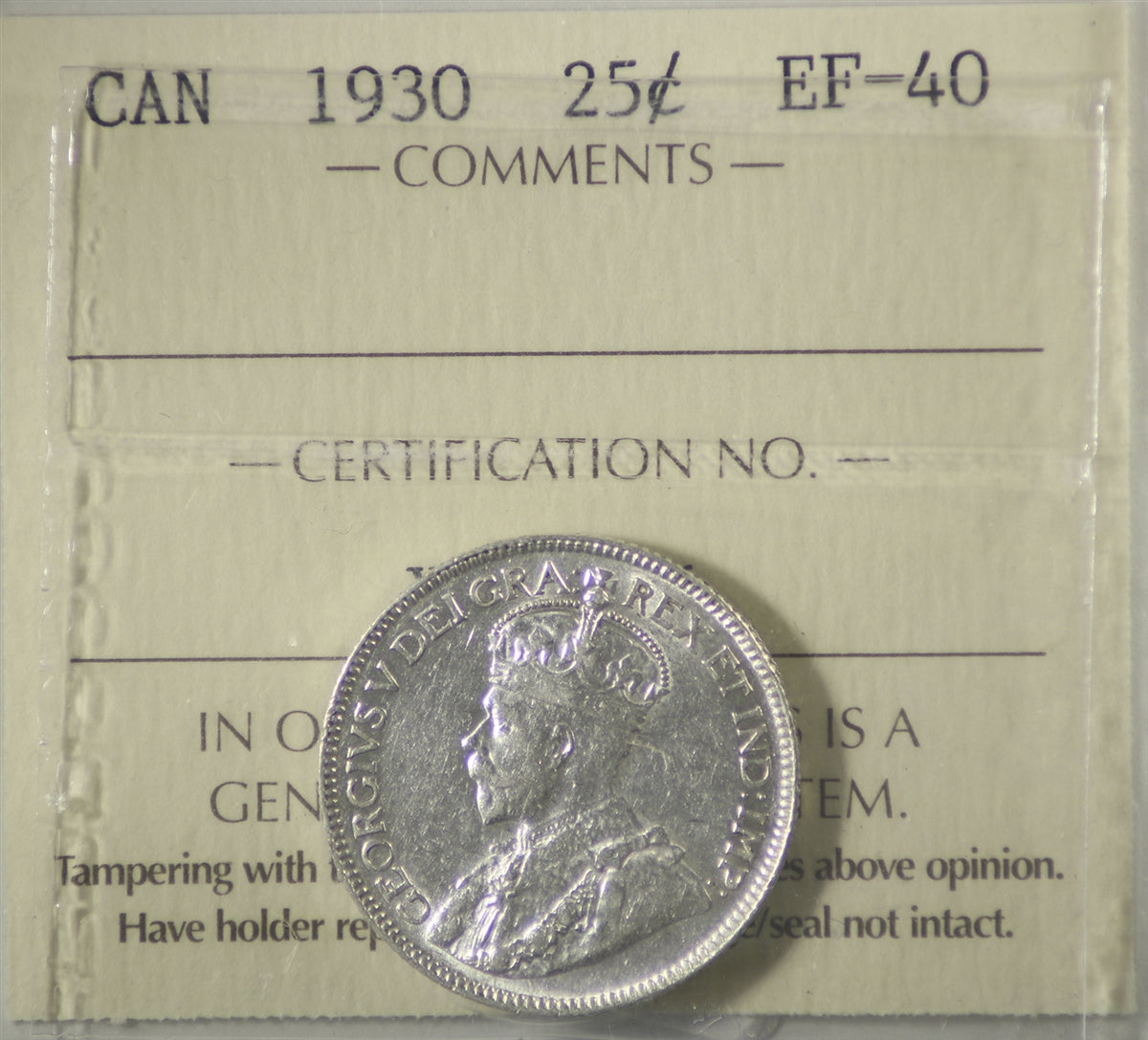 1930 Canada 25-cents ICCS Certified EF40