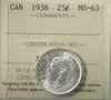 1938 Canada 25-cents ICCS Certified MS63