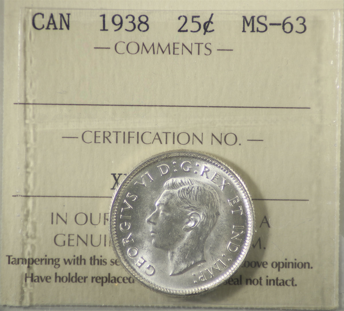 1938 Canada 25-cents ICCS Certified MS63
