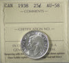 1938 Canada 25-cents ICCS Certified AU-58