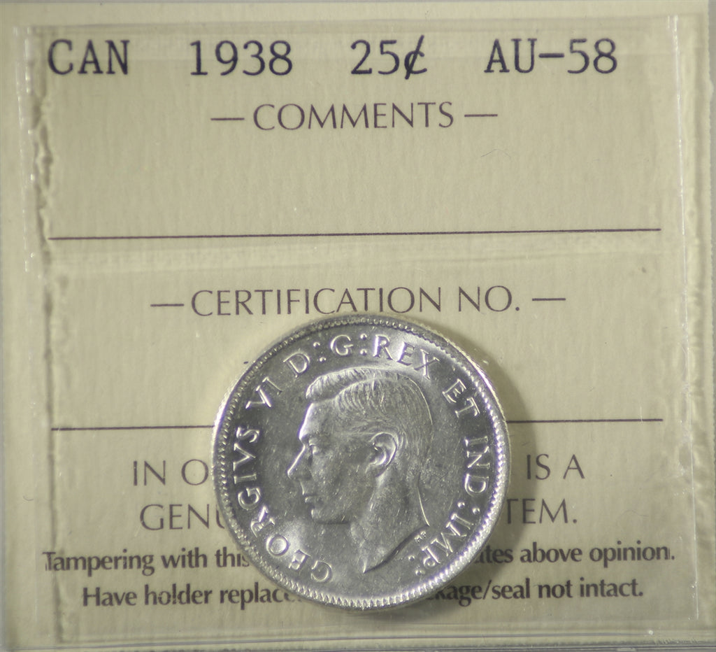 1938 Canada 25-cents ICCS Certified AU-58