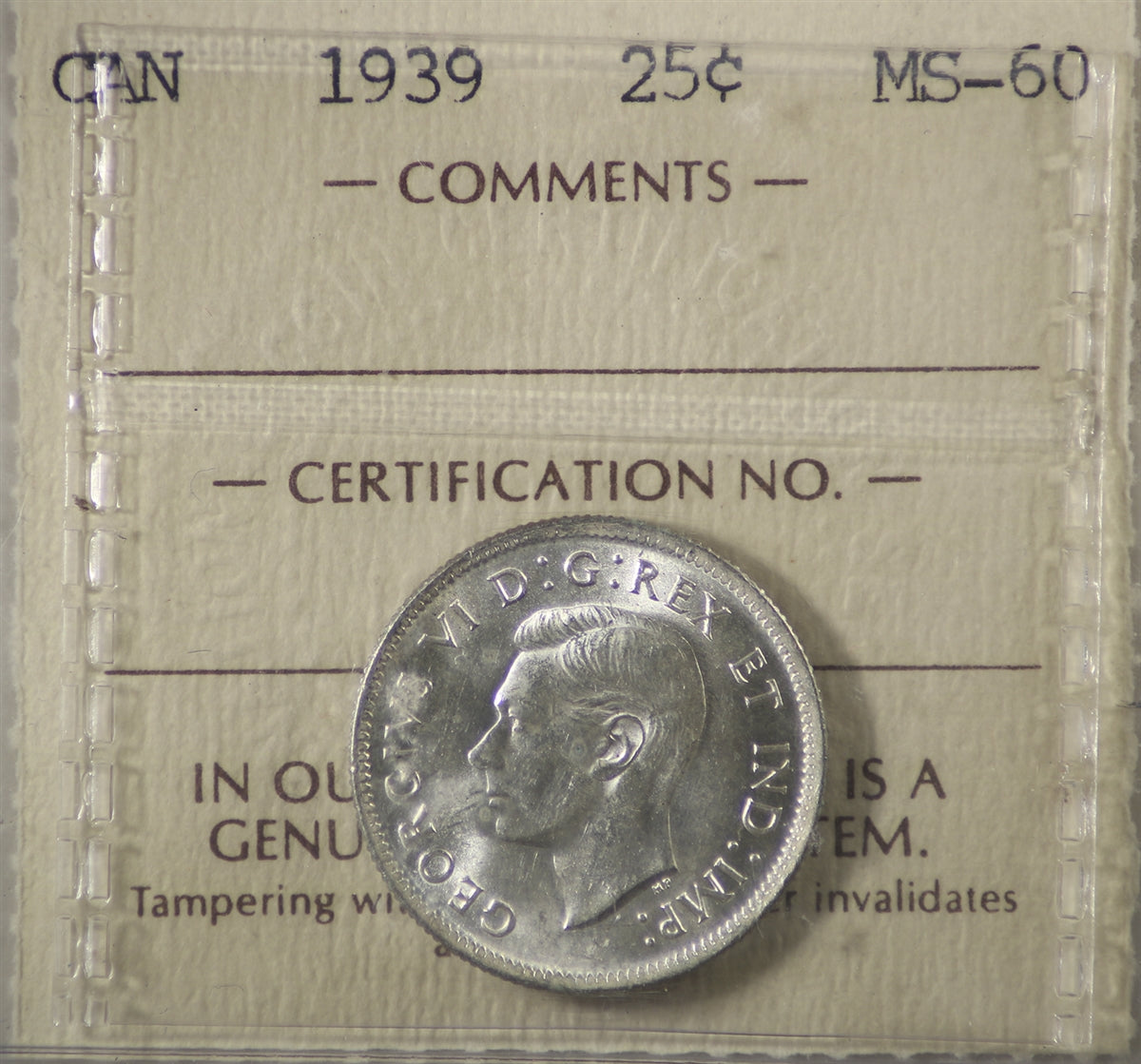 1939 Canada 25-cents ICCS Certified MS60