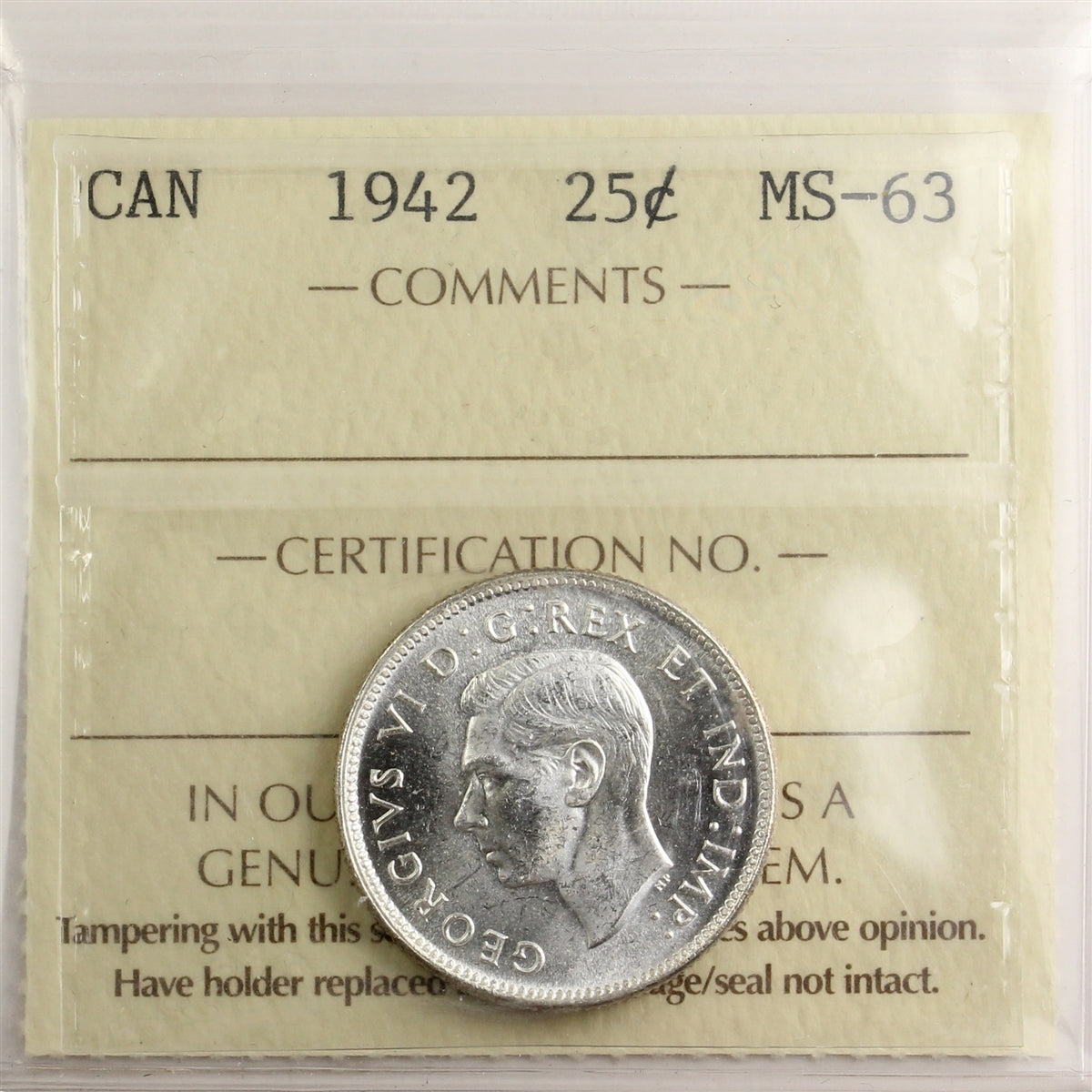 1942 Canada 25-cents ICCS Certified MS63