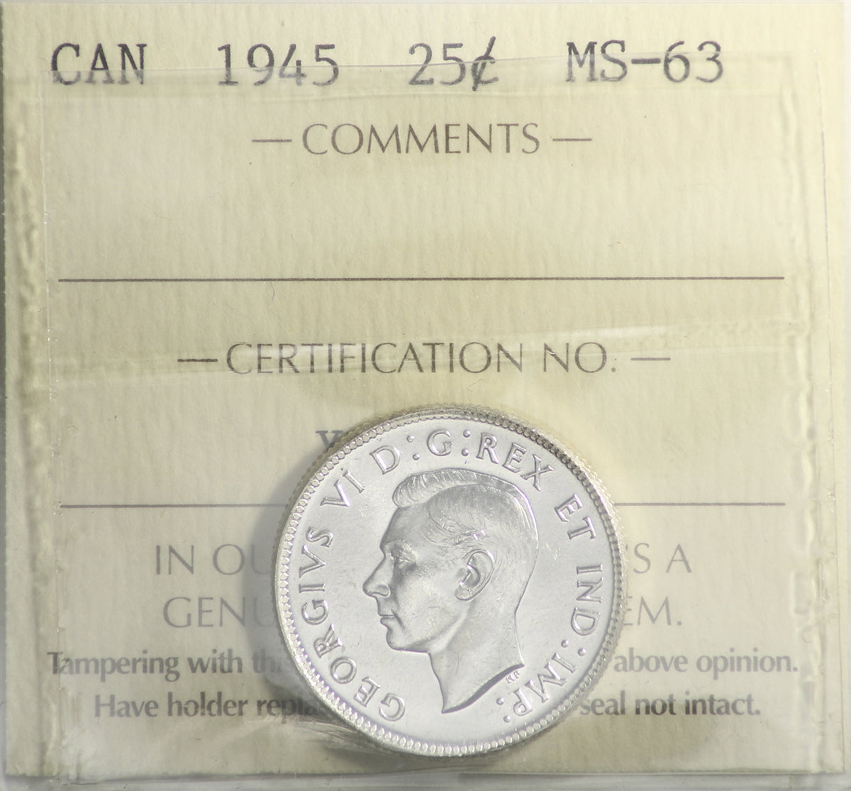 1945 Canada 25-cents ICCS Certified MS63