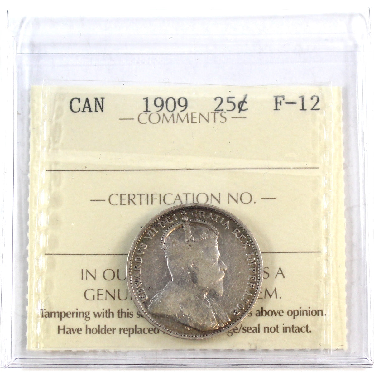 1909 Canada 25-cents ICCS Certified F12