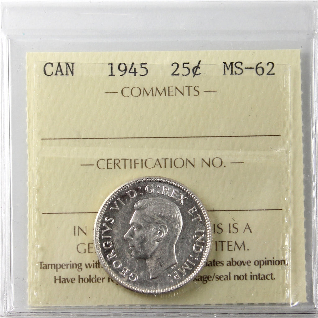 1945 Canada 25-cents ICCS Certified MS62
