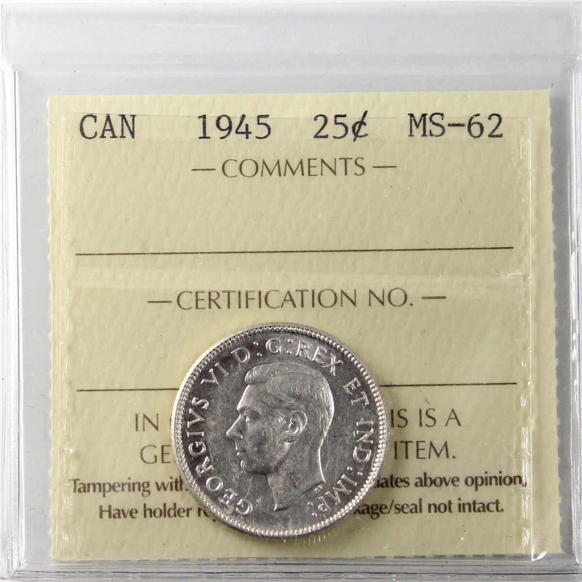 1945 Canada 25-cents ICCS Certified MS62
