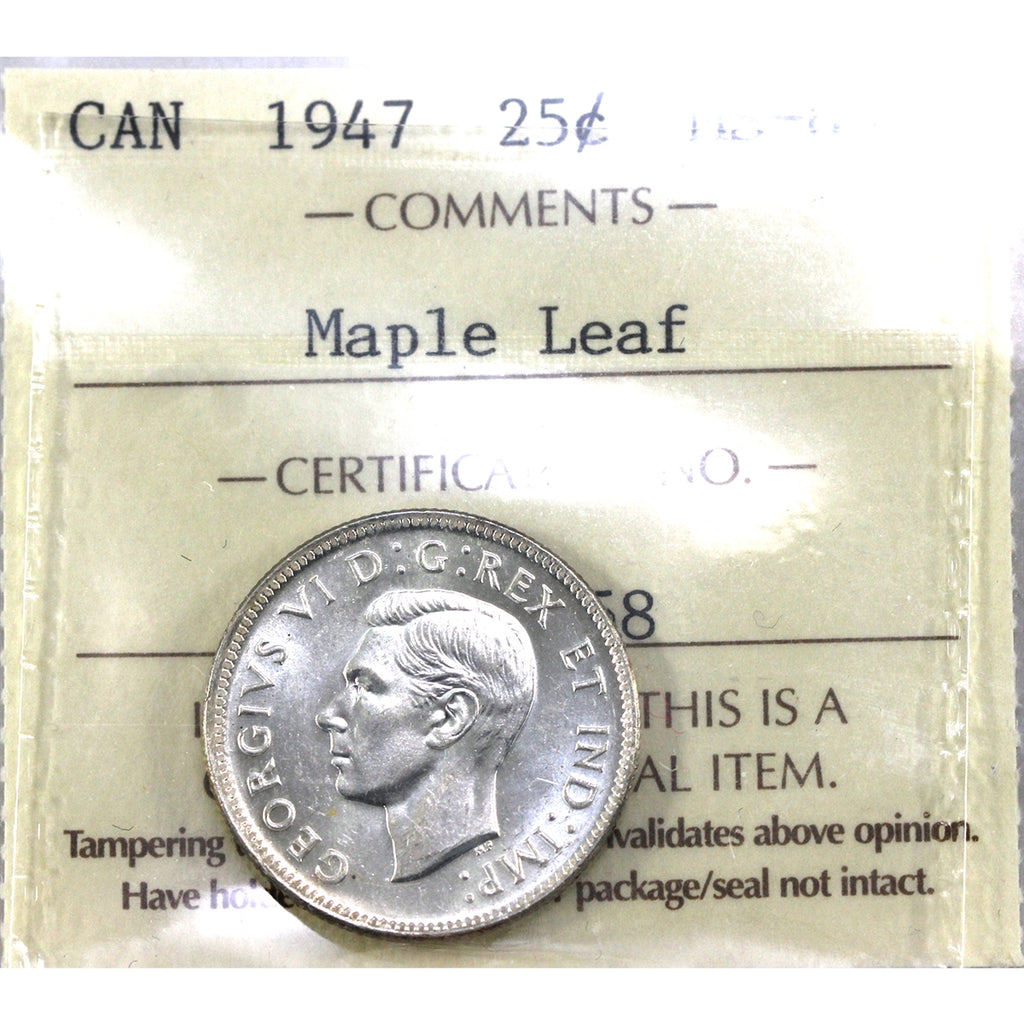 1947 Maple Leaf Canada 25-cents ICCS Certified MS63
