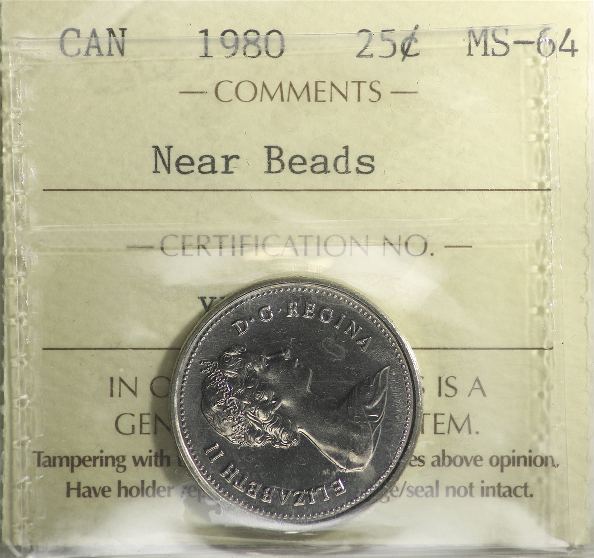 1980 Near Beads Canada 25-cents ICCS Certified MS-64
