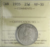 1935 Canada 25-cents ICCS Certified VF30