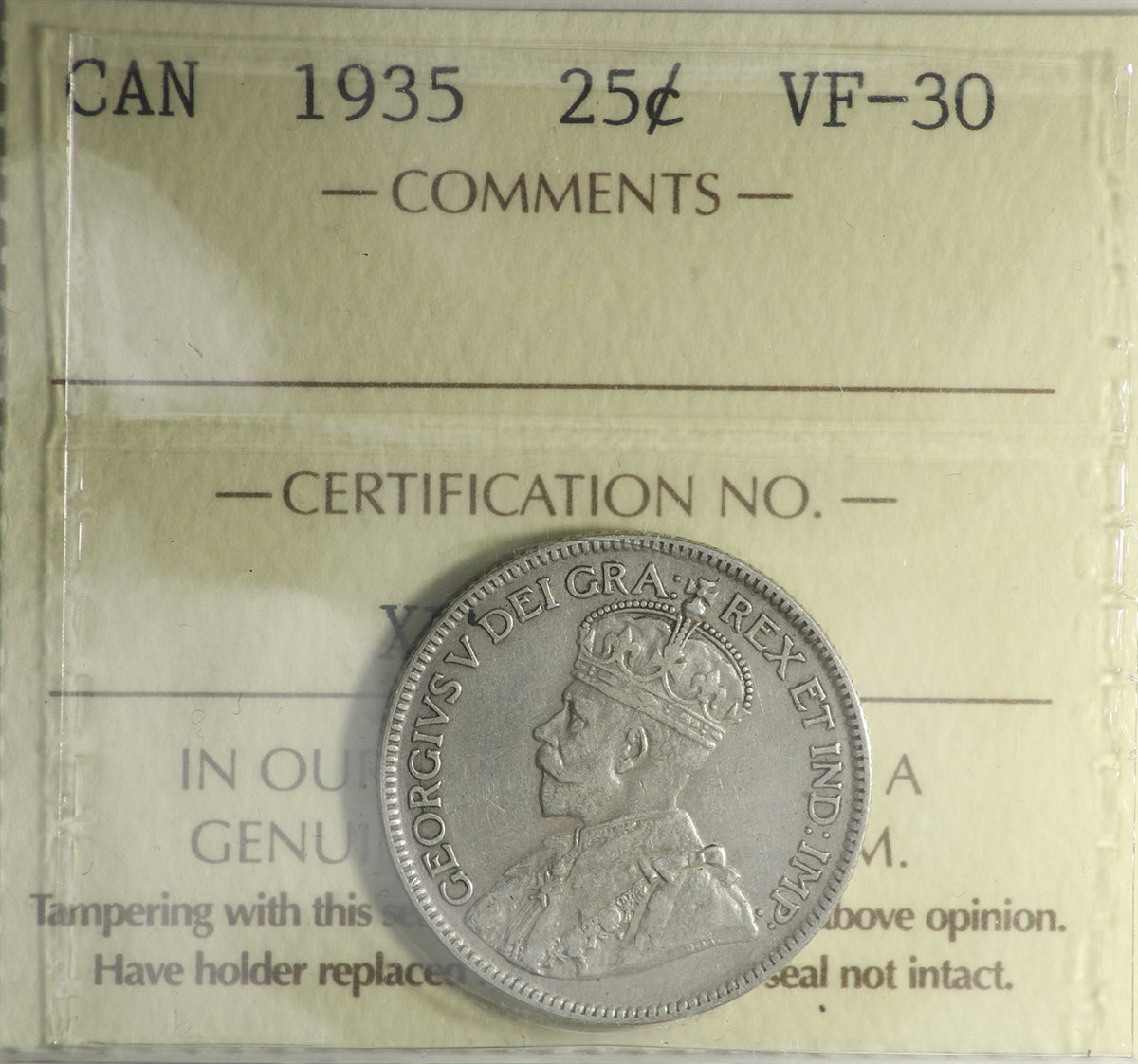 1935 Canada 25-cents ICCS Certified VF30