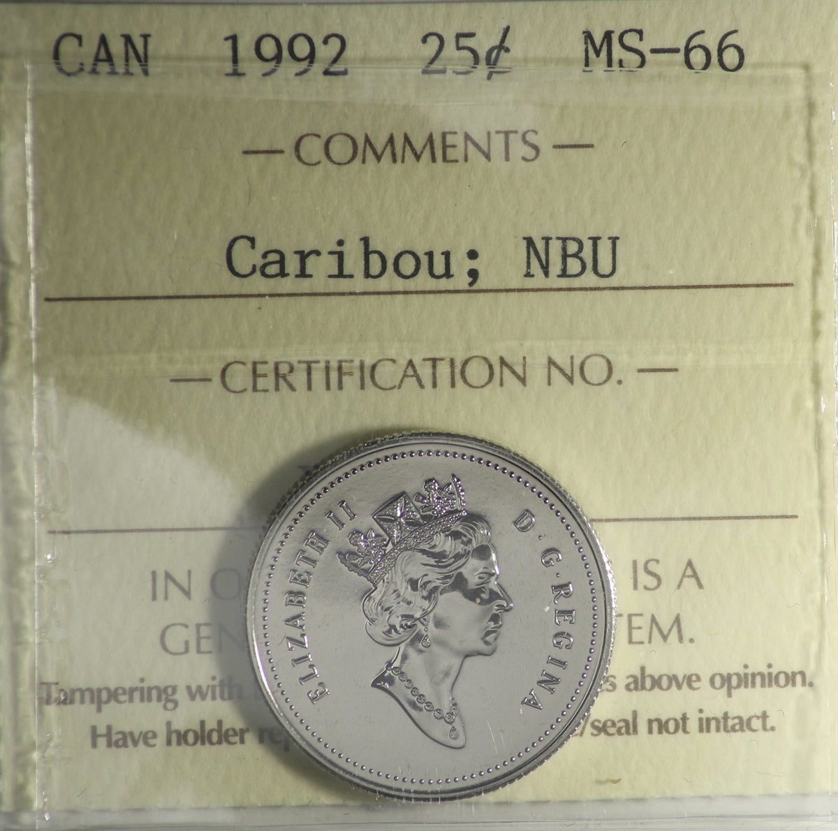 1992 Caribou Canada 25-cents ICCS Certified MS66 NBU