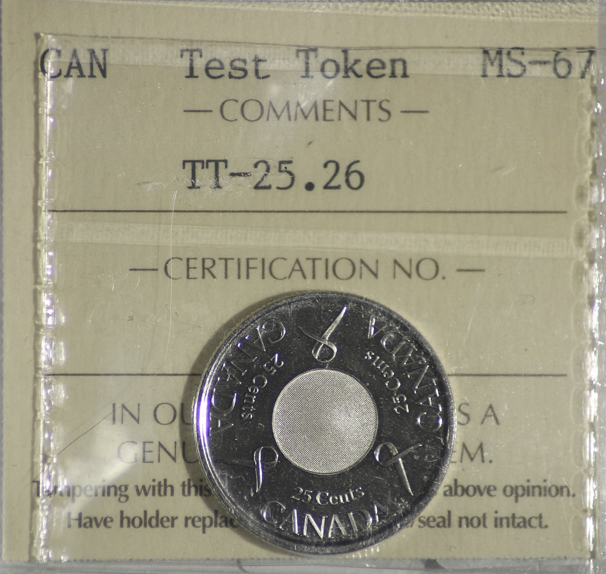 (2006) Canada 25-cents Test Token TT-25.26 ICCS Certified MS67