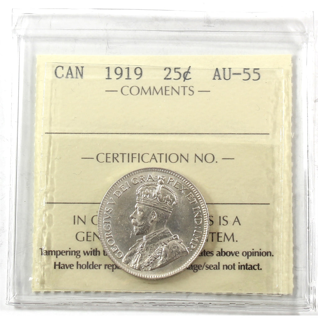 1919 Canada 25-cents ICCS Certified AU55