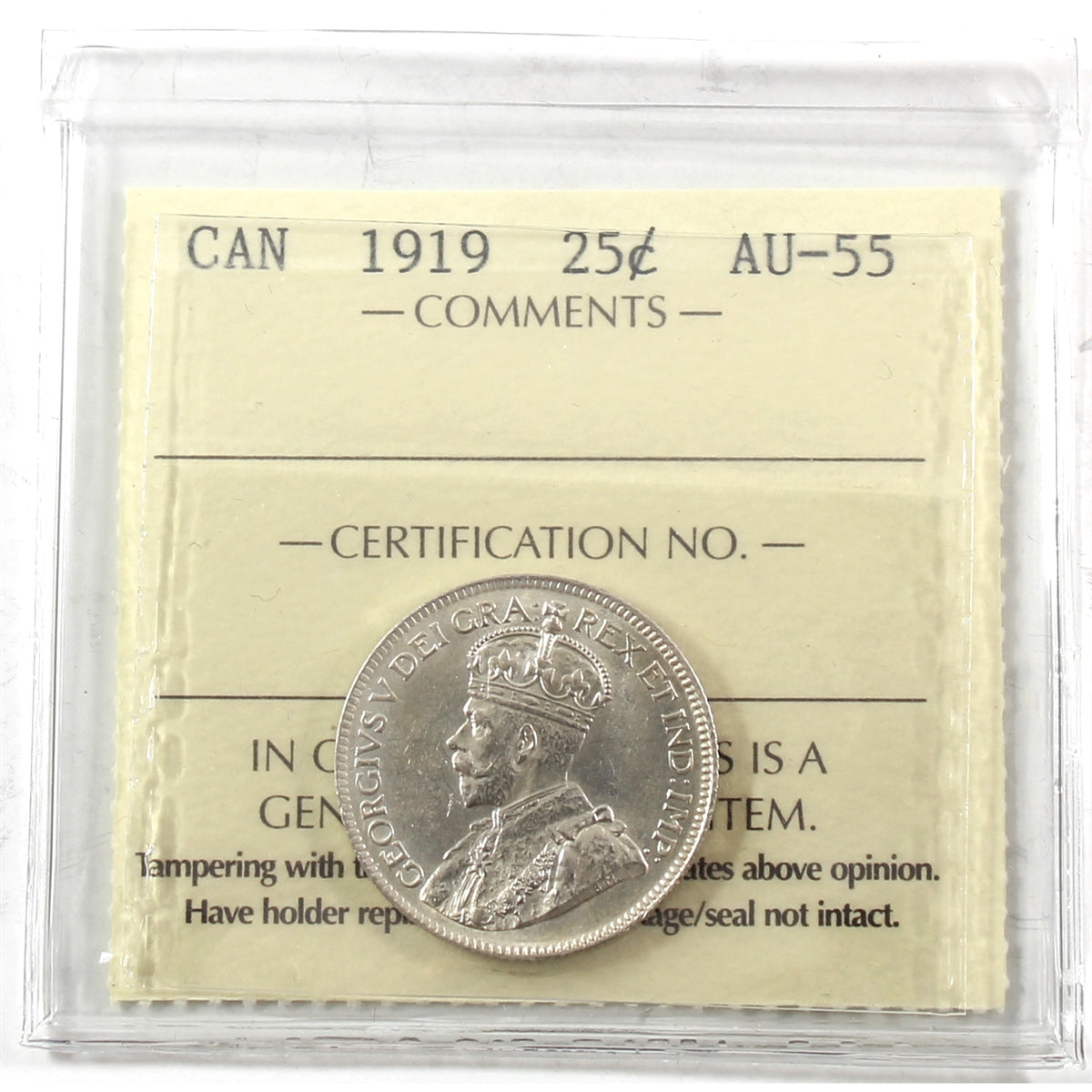 1919 Canada 25-cents ICCS Certified AU55