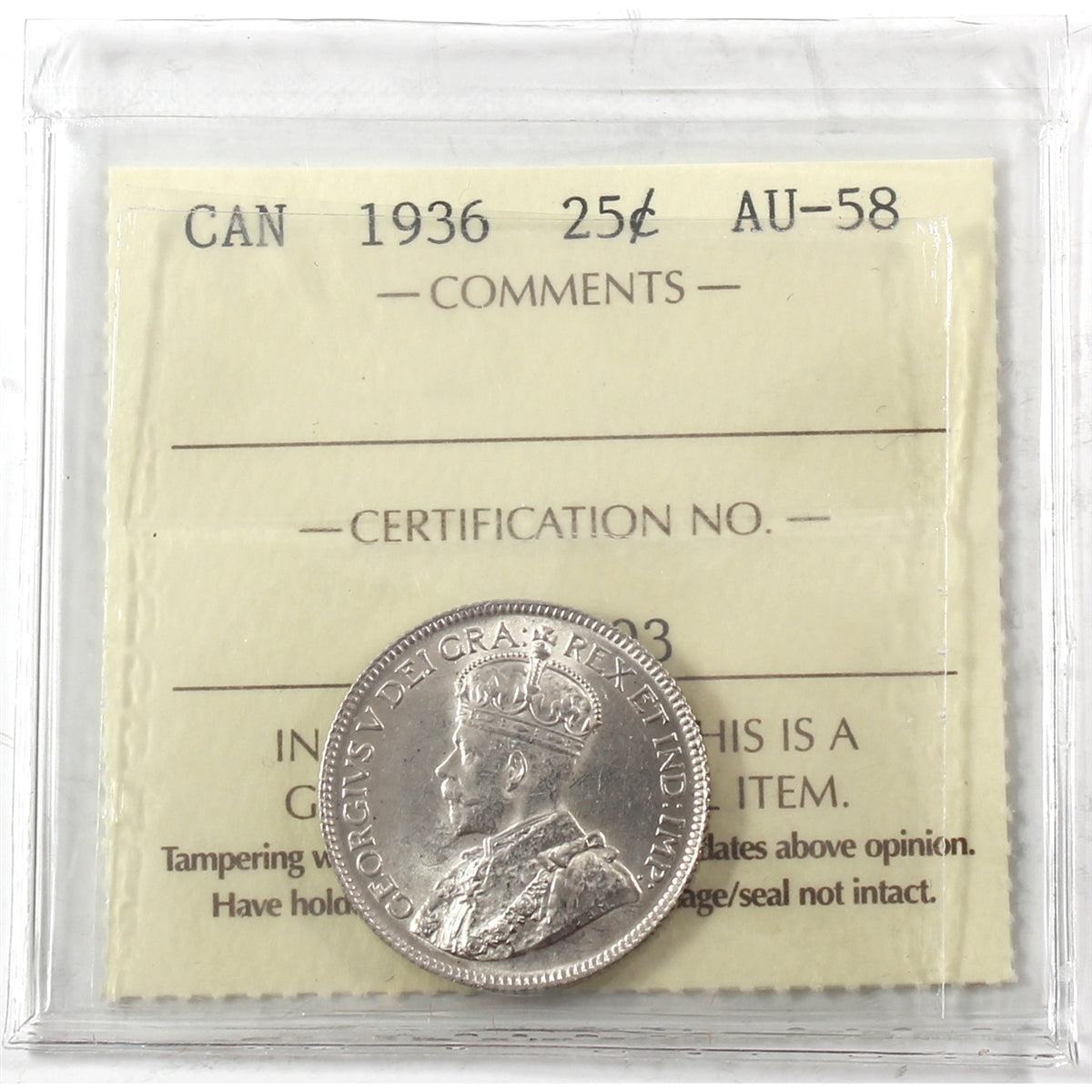 1936 Canada 25-cents ICCS Certified AU-58