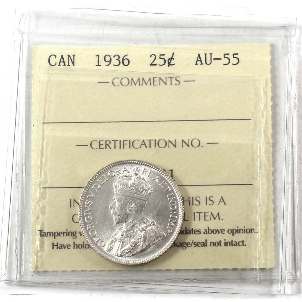 1936 Canada 25-cents ICCS Certified AU55