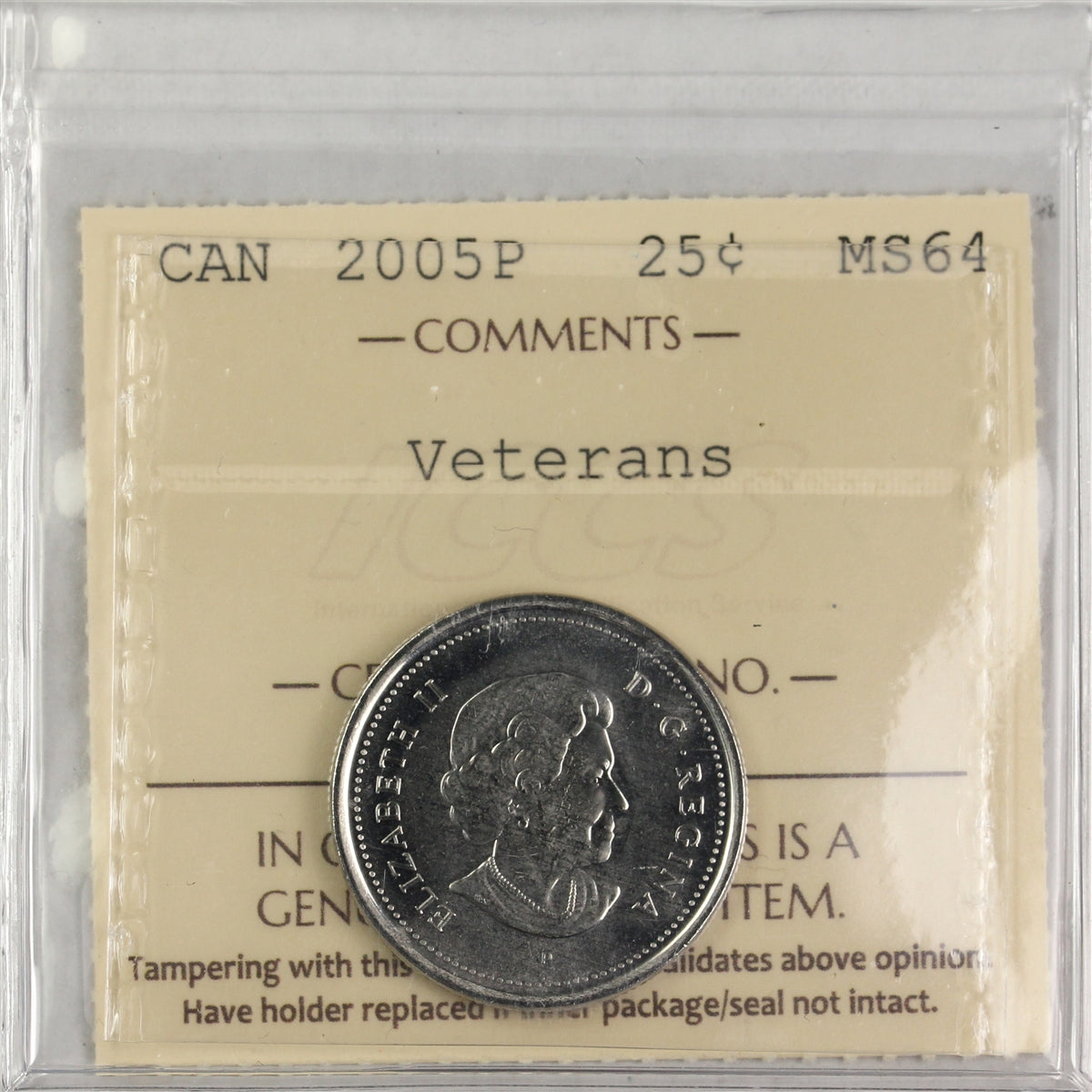 2005P Veterans Canada 25-cents ICCS Certified MS64