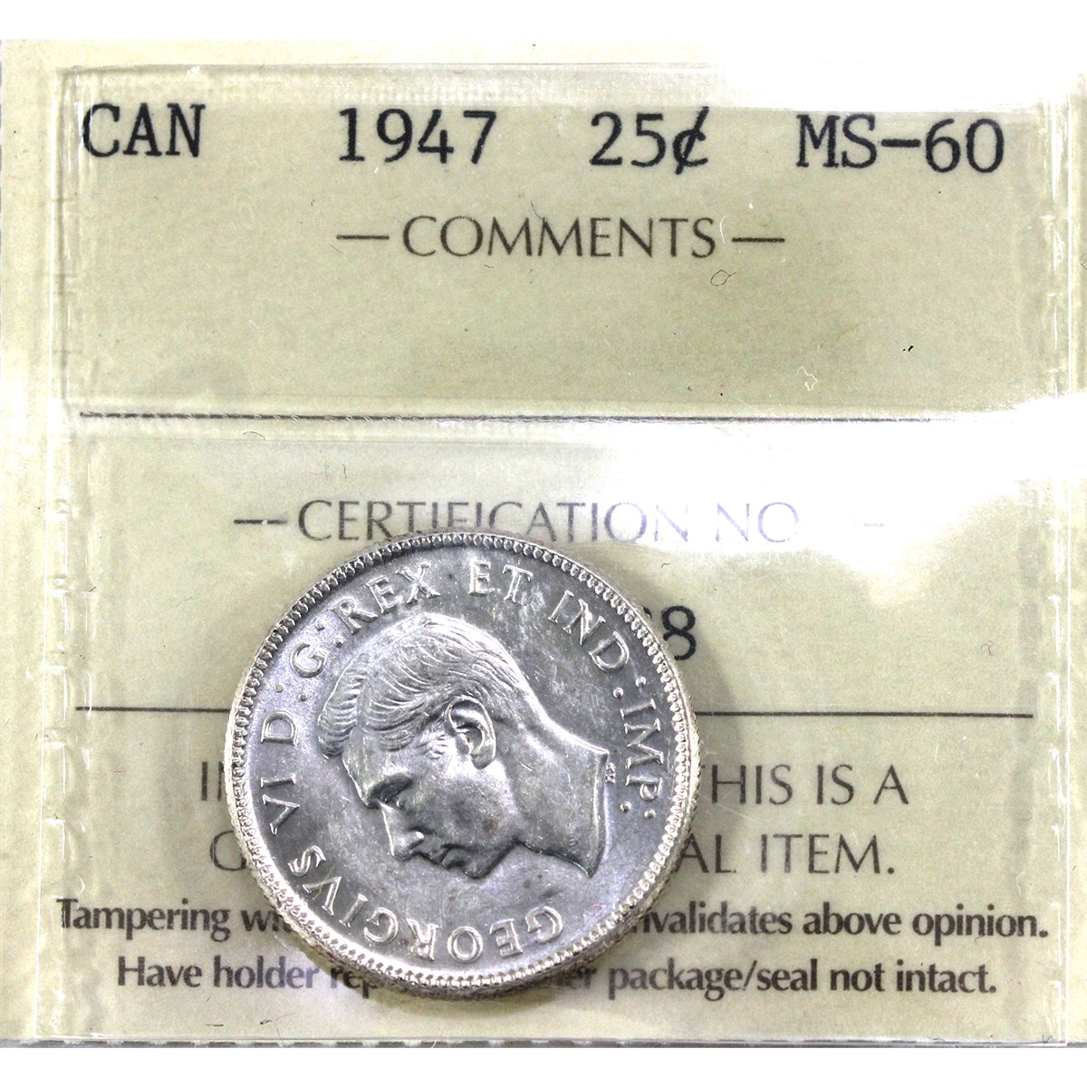 1947 Canada 25-cents ICCS Certified MS60