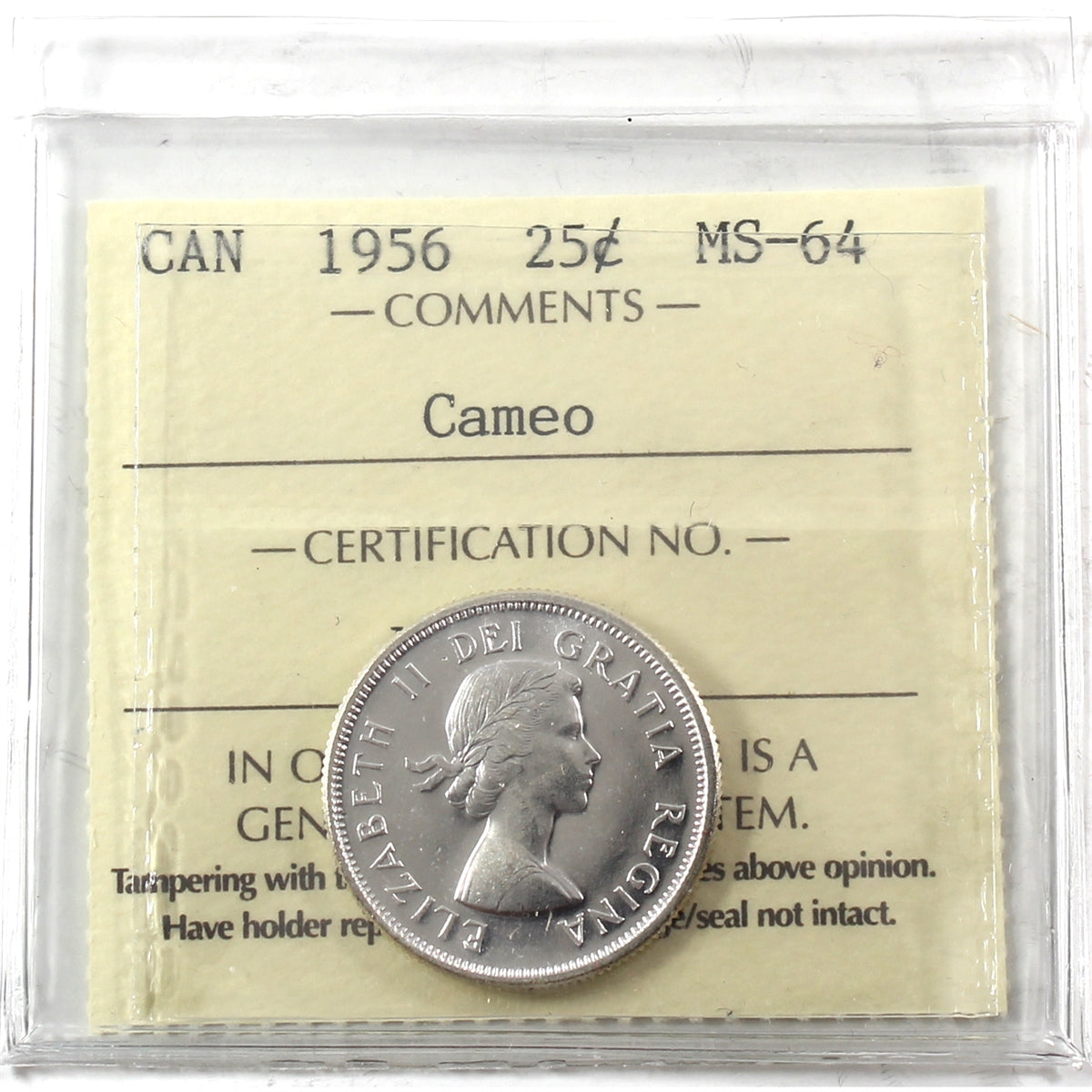 1956 Canada 25-cents ICCS Certified MS64 Cameo