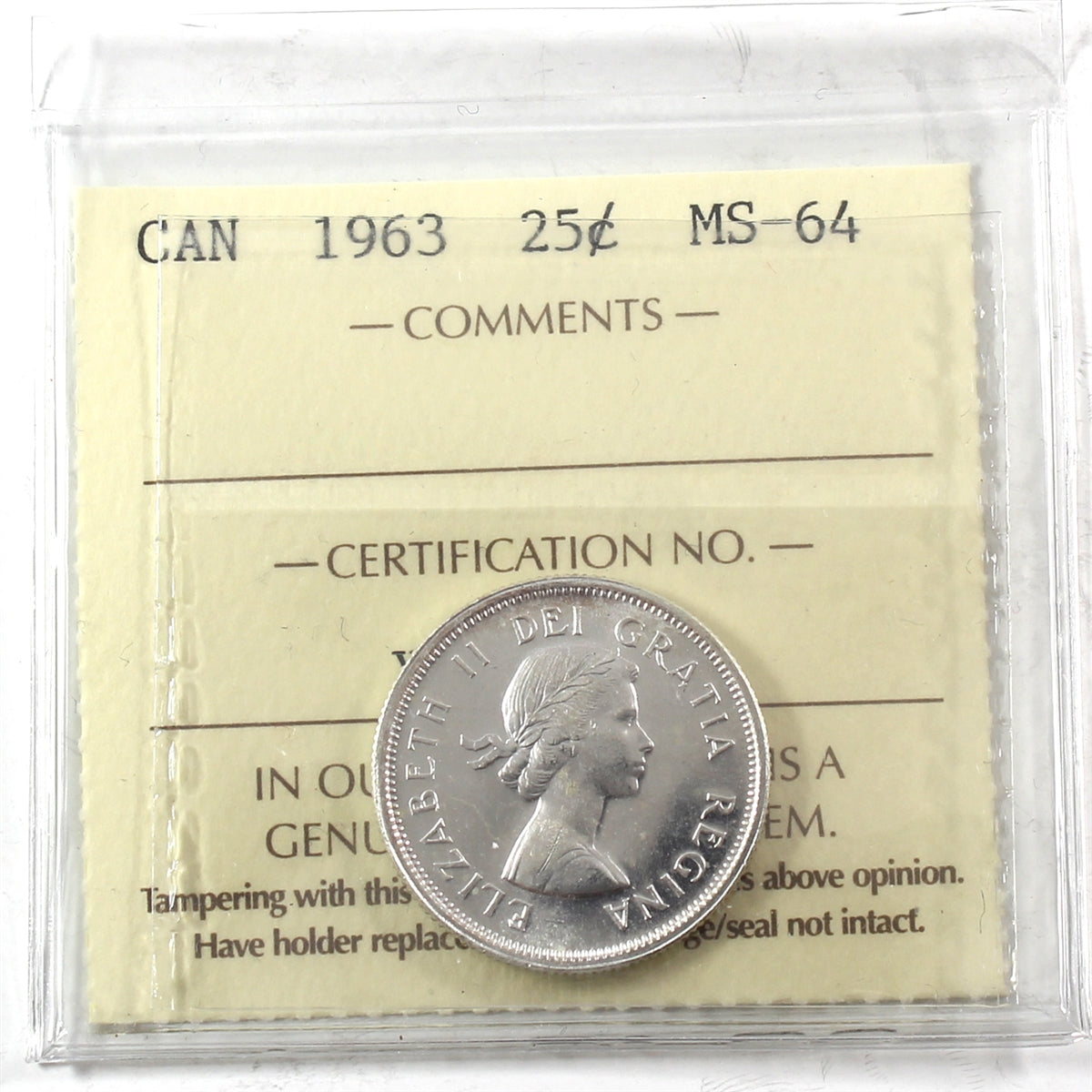 1963 Canada 25-cents ICCS Certified MS64