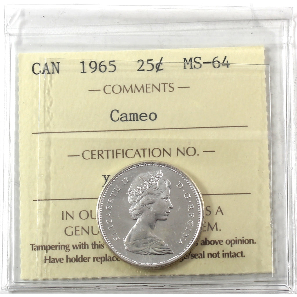 1965 Canada 25-cents ICCS Certified MS64 Cameo
