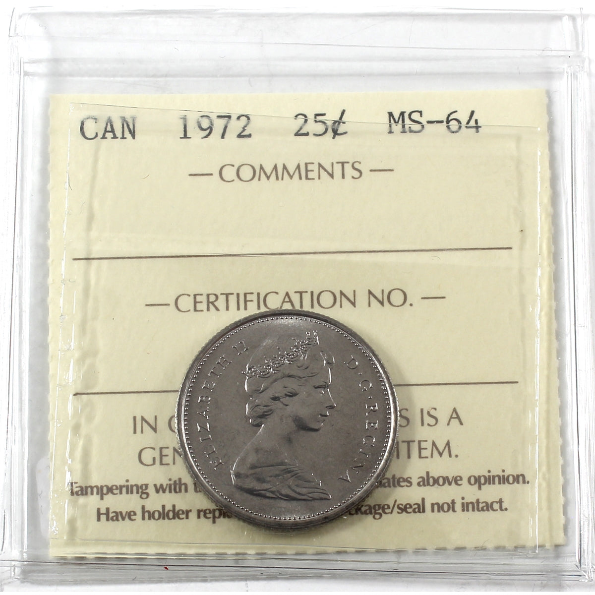 1972 Canada 25-cents ICCS Certified MS64