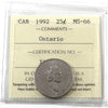 1992 Ontario Canada 25-cents ICCS Certified MS66
