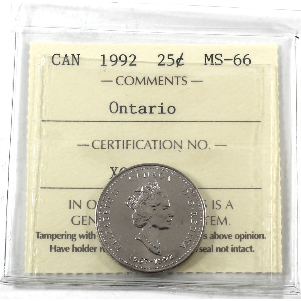 1992 Ontario Canada 25-cents ICCS Certified MS66