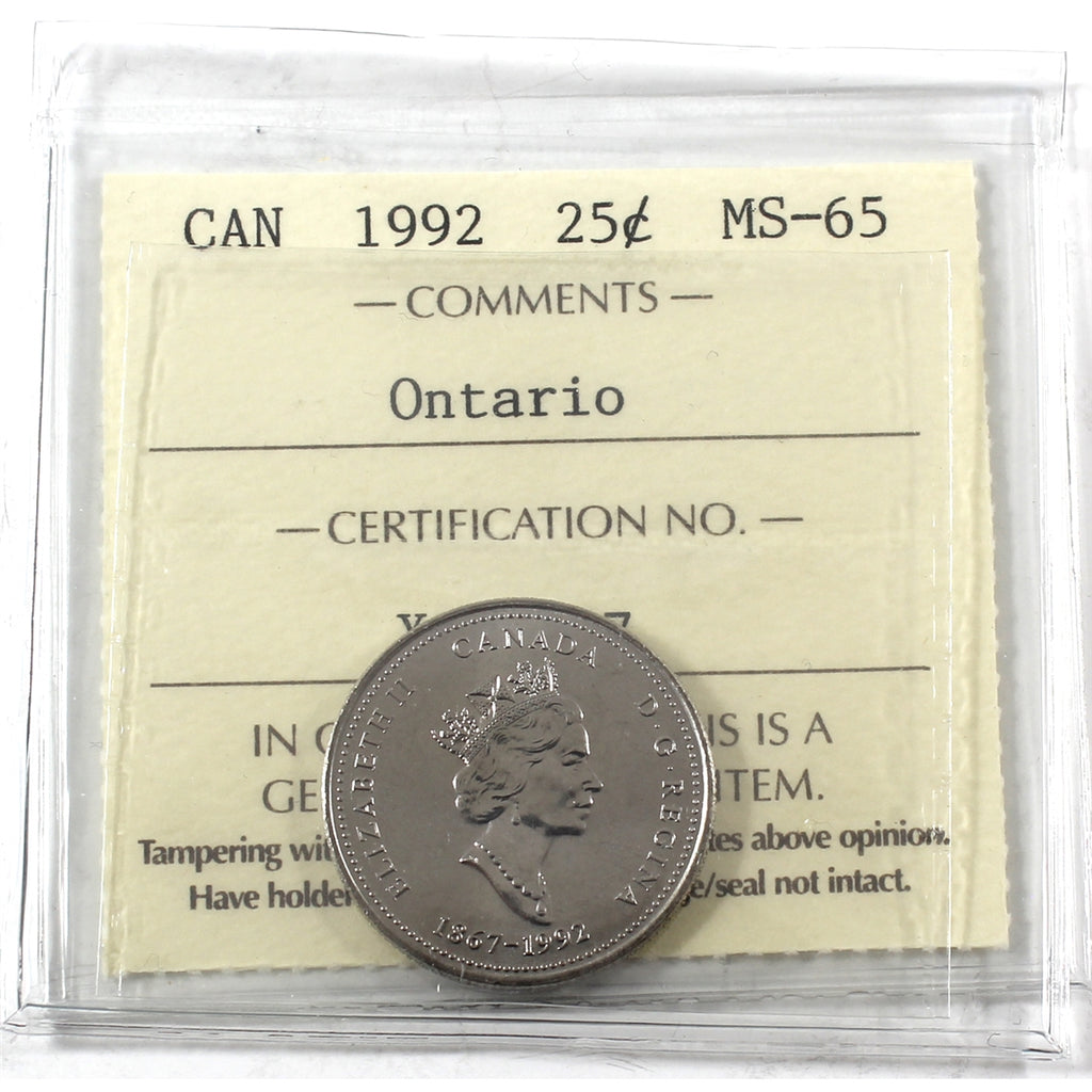 1992 Ontario Canada 25-cents ICCS Certified MS65