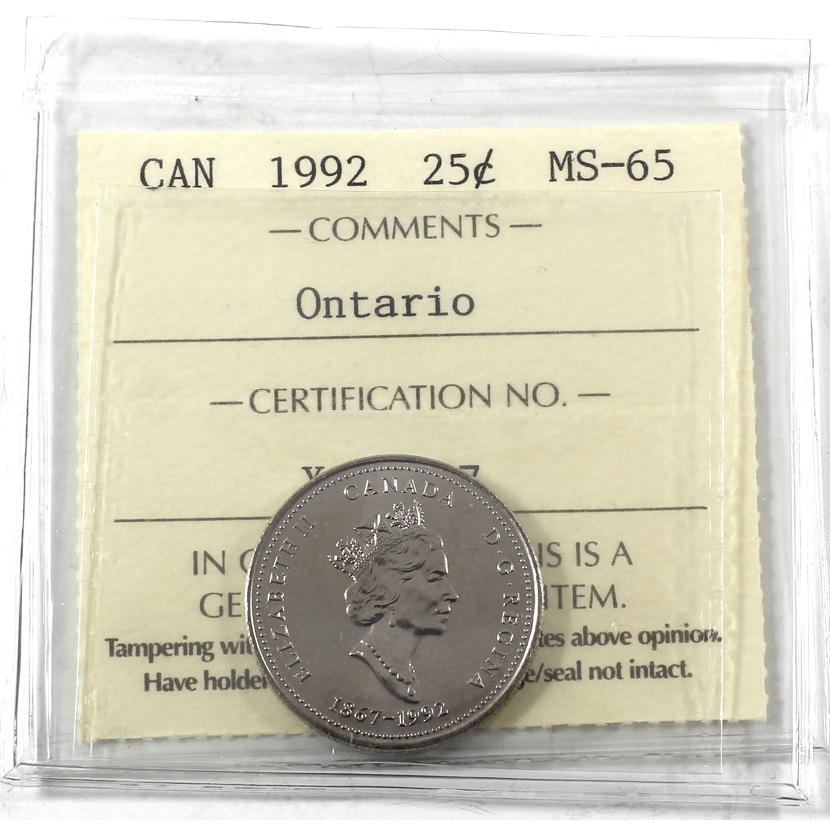 1992 Ontario Canada 25-cents ICCS Certified MS65