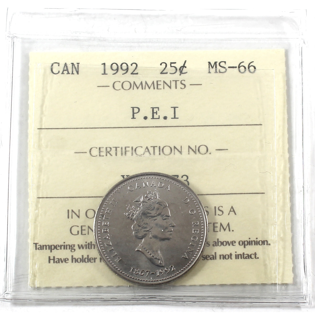 1992 Prince Edward Island Canada 25-cents ICCS Certified MS66