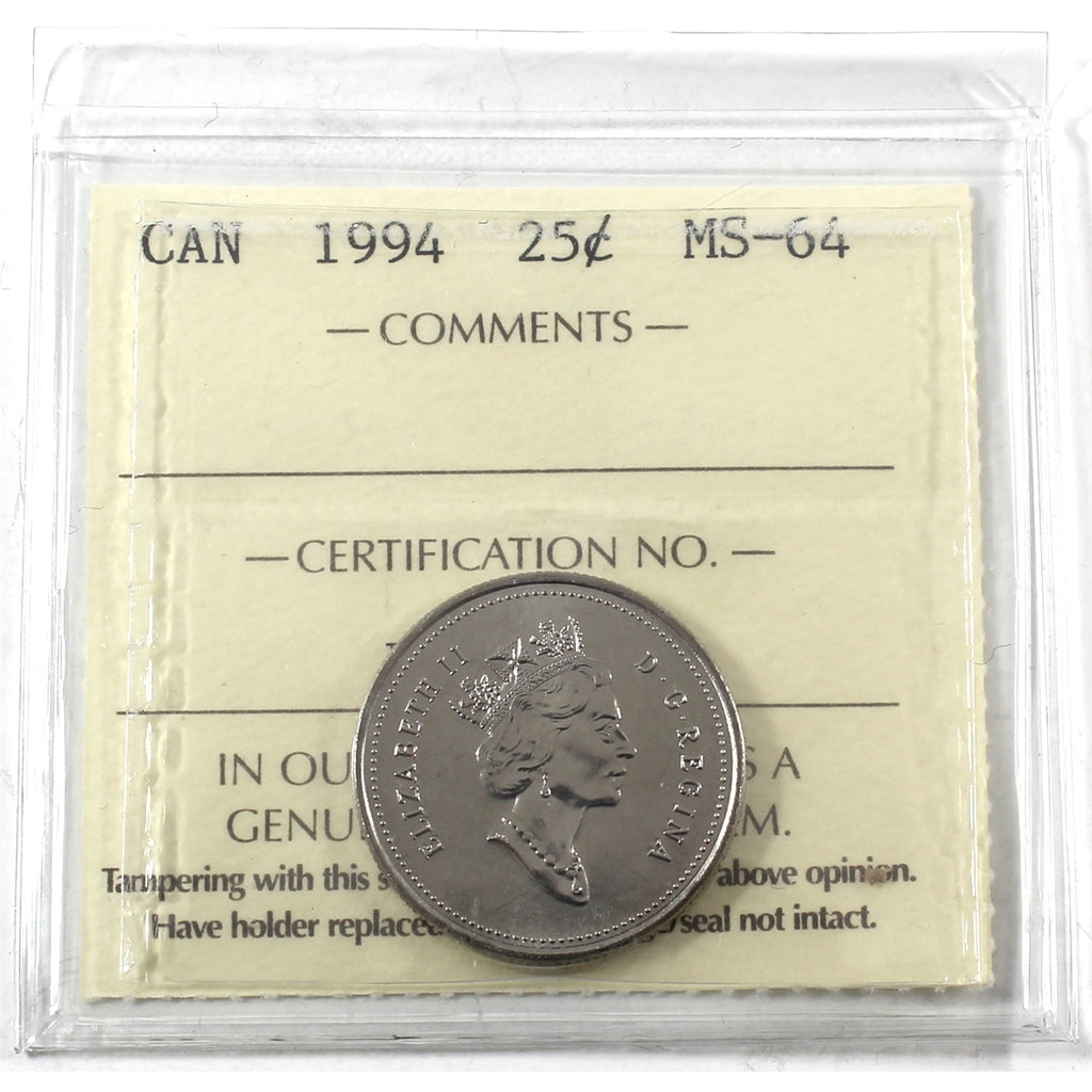 1994 Canada 25-cents ICCS Certified MS64