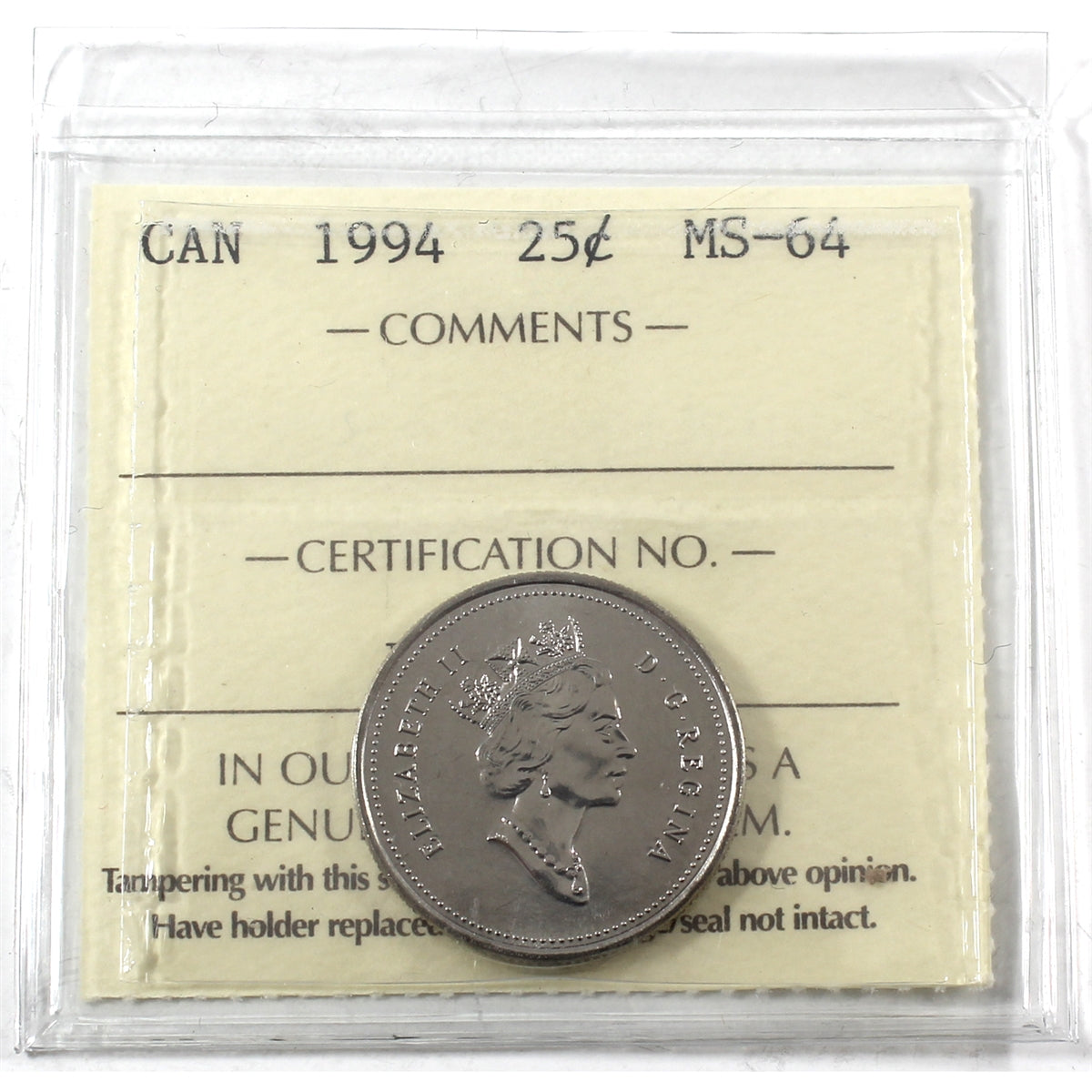 1994 Canada 25-cents ICCS Certified MS64