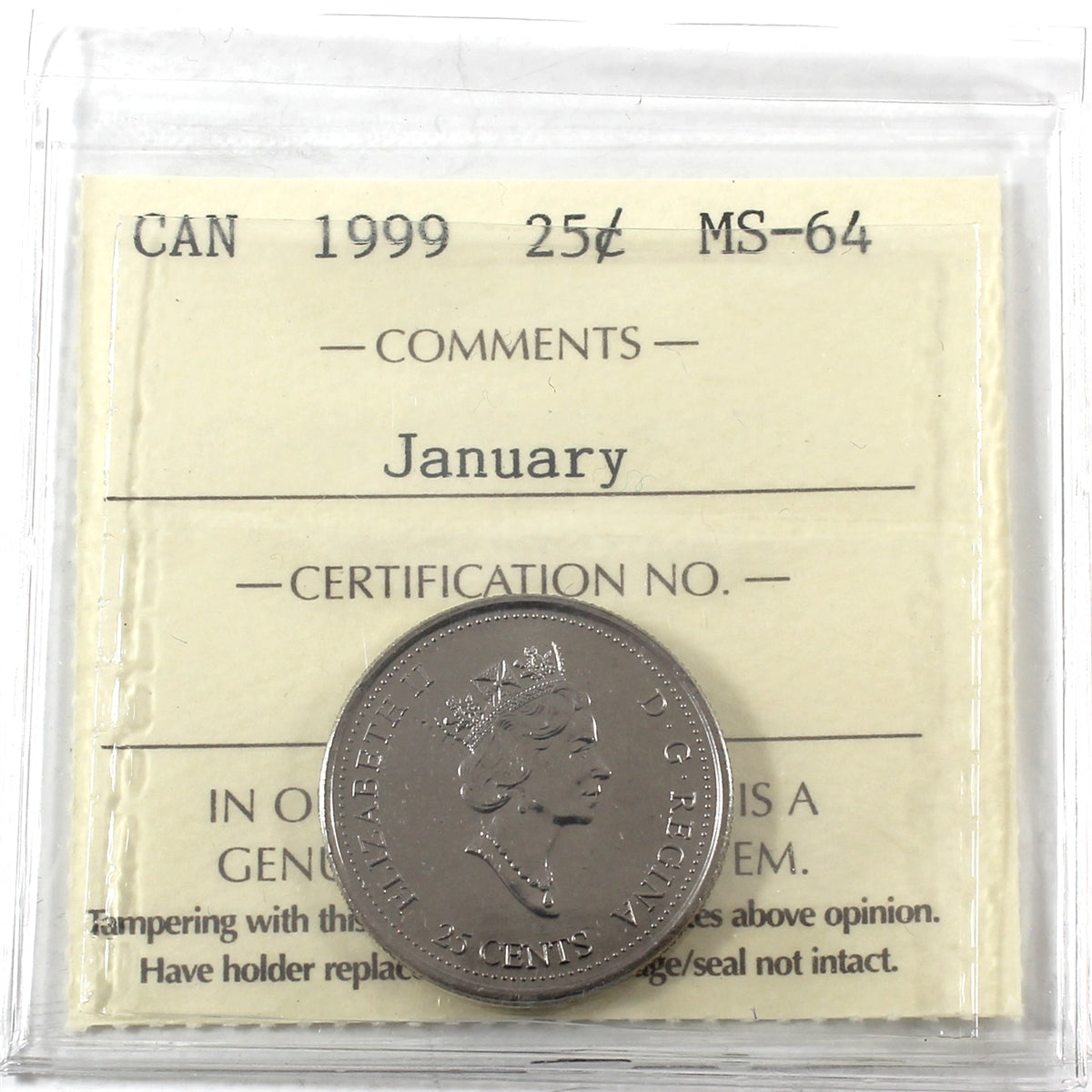 1999 January Canada 25-cents ICCS Certified MS64