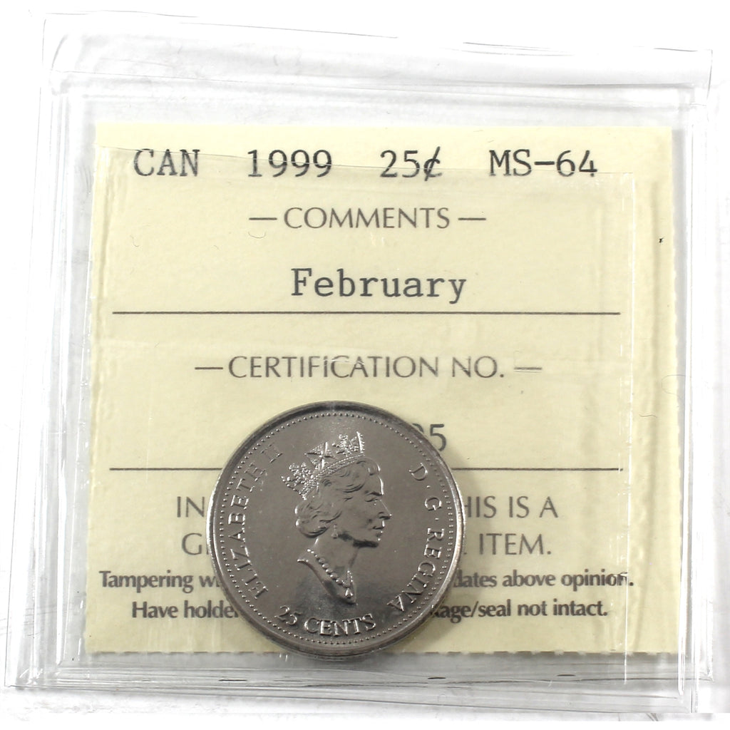 1999 February Canada 25-cents ICCS Certified MS64