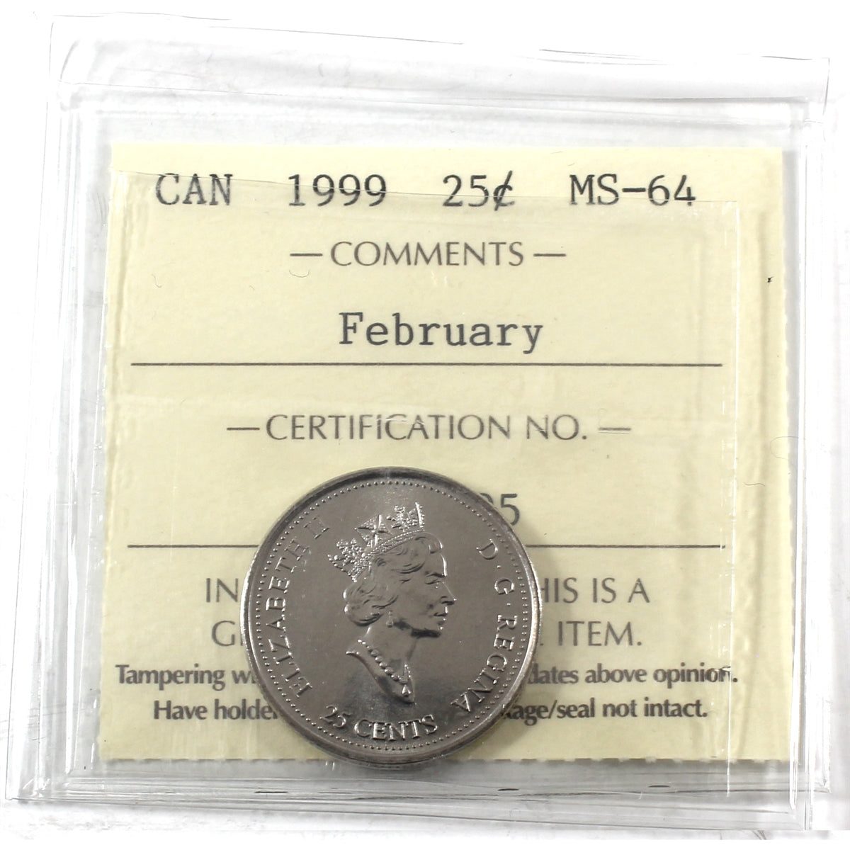 1999 February Canada 25-cents ICCS Certified MS64