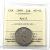 1999 April Canada 25-cents ICCS Certified MS64