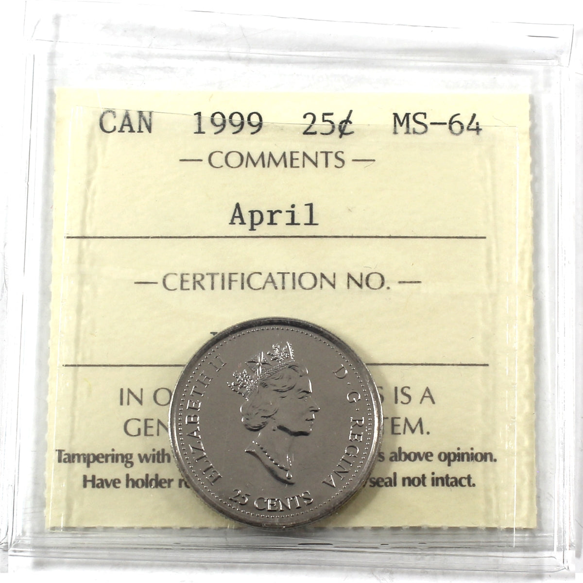 1999 April Canada 25-cents ICCS Certified MS64