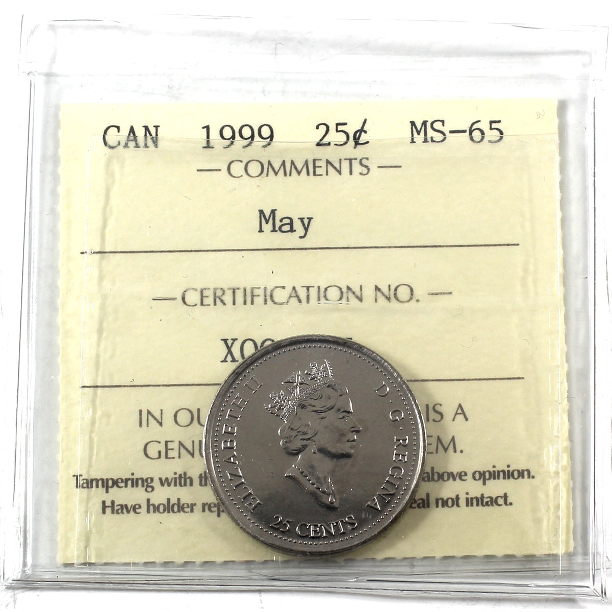 1999 May Canada 25-cents ICCS Certified MS65