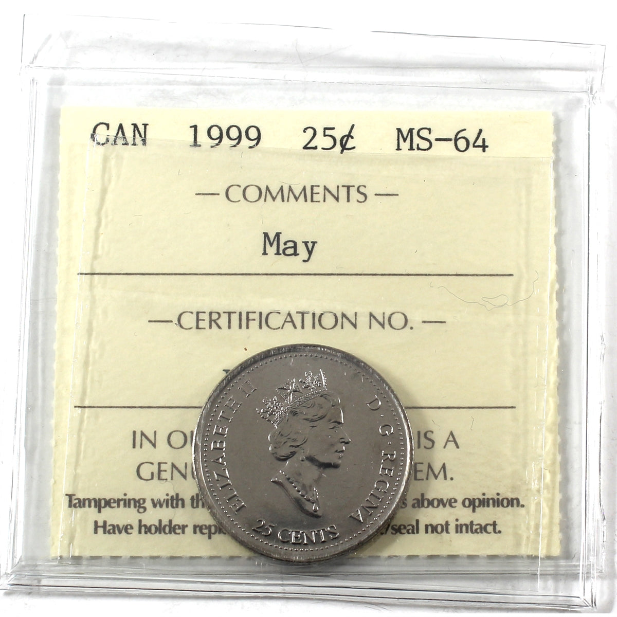1999 May Canada 25-cents ICCS Certified MS64