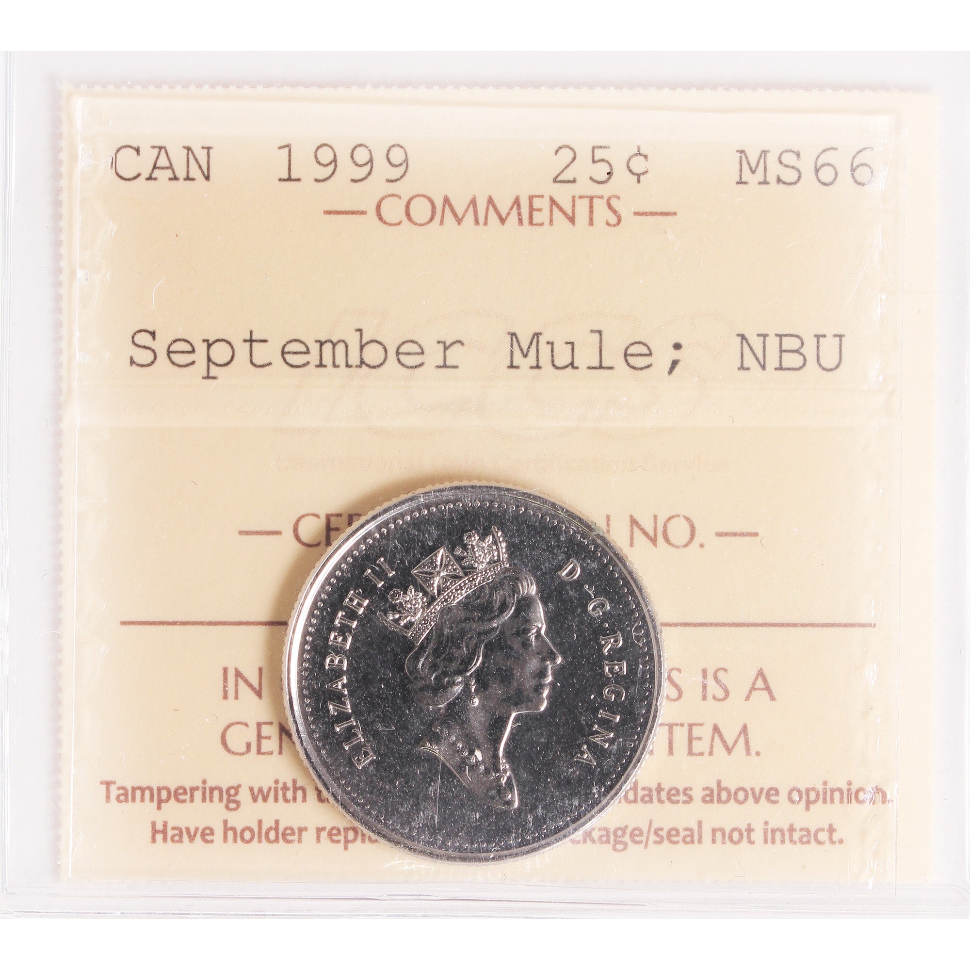 1999 September Mule Canada 25-cents ICCS Certified MS66 NBU