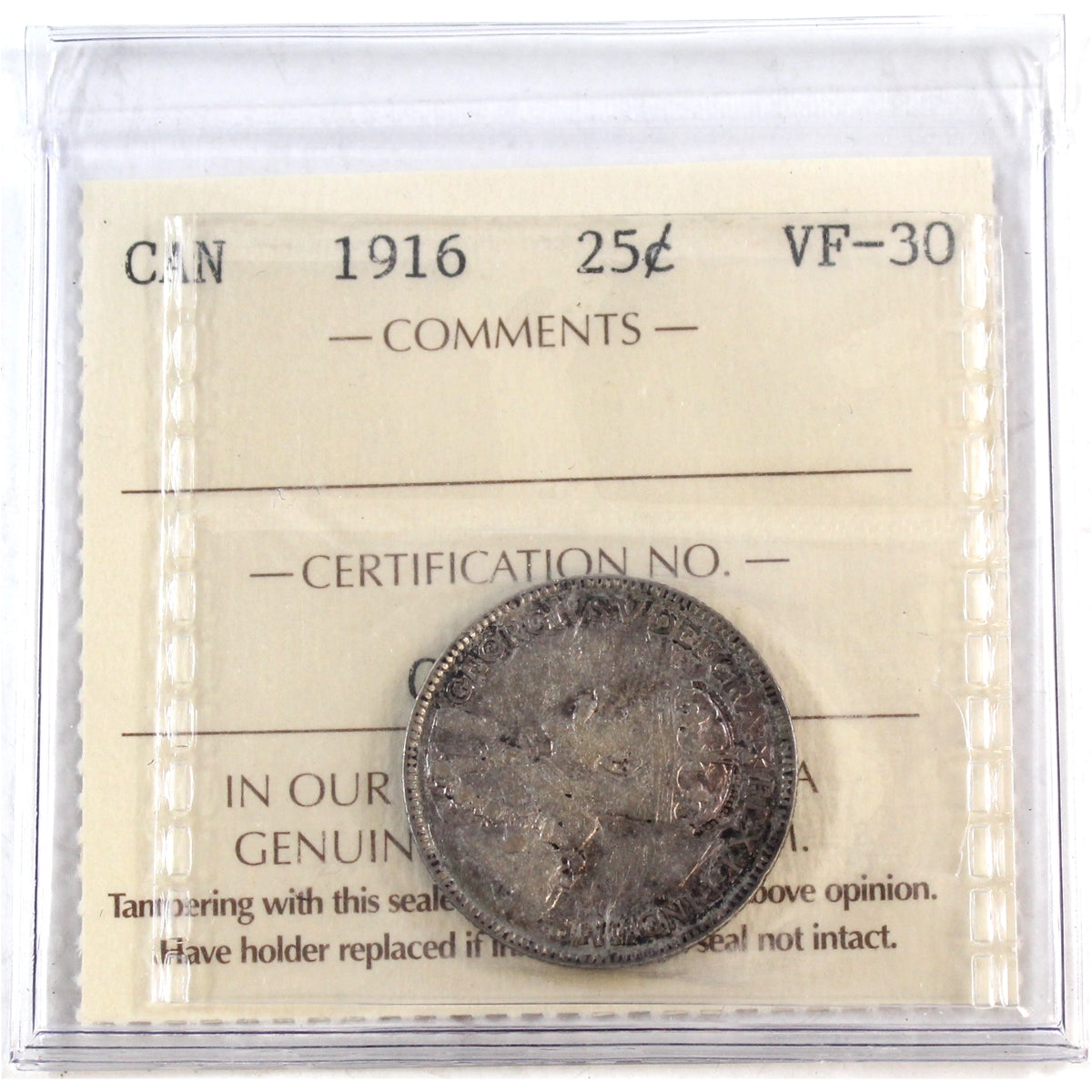 1916 Canada 25-cents ICCS Certified VF30